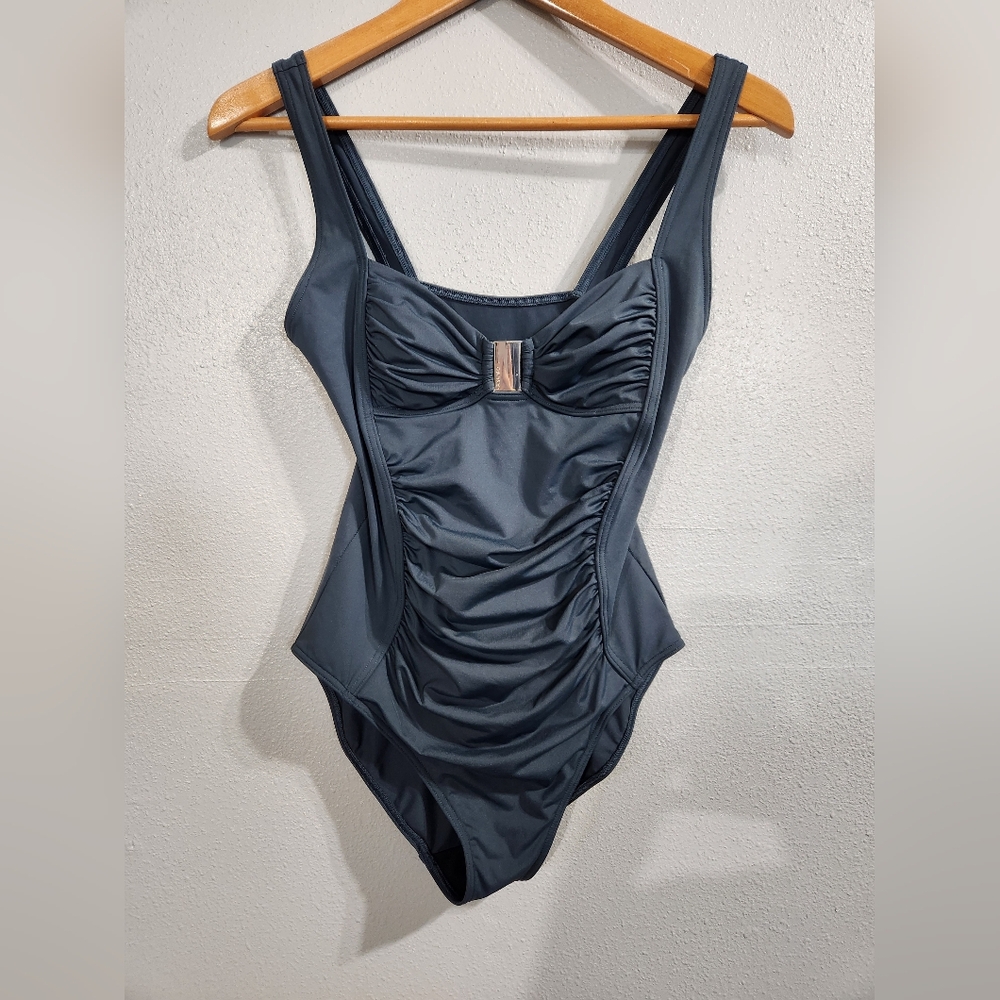 Calvin Klein Dark Teal Gray Ruched Swimsuit Size 6 Slimming Tummy Control Nwot